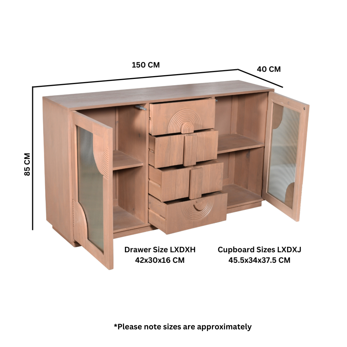 Solid Mango Wood Sideboard With 2 Fluted Glass Doors And 4 Drawers - Indus