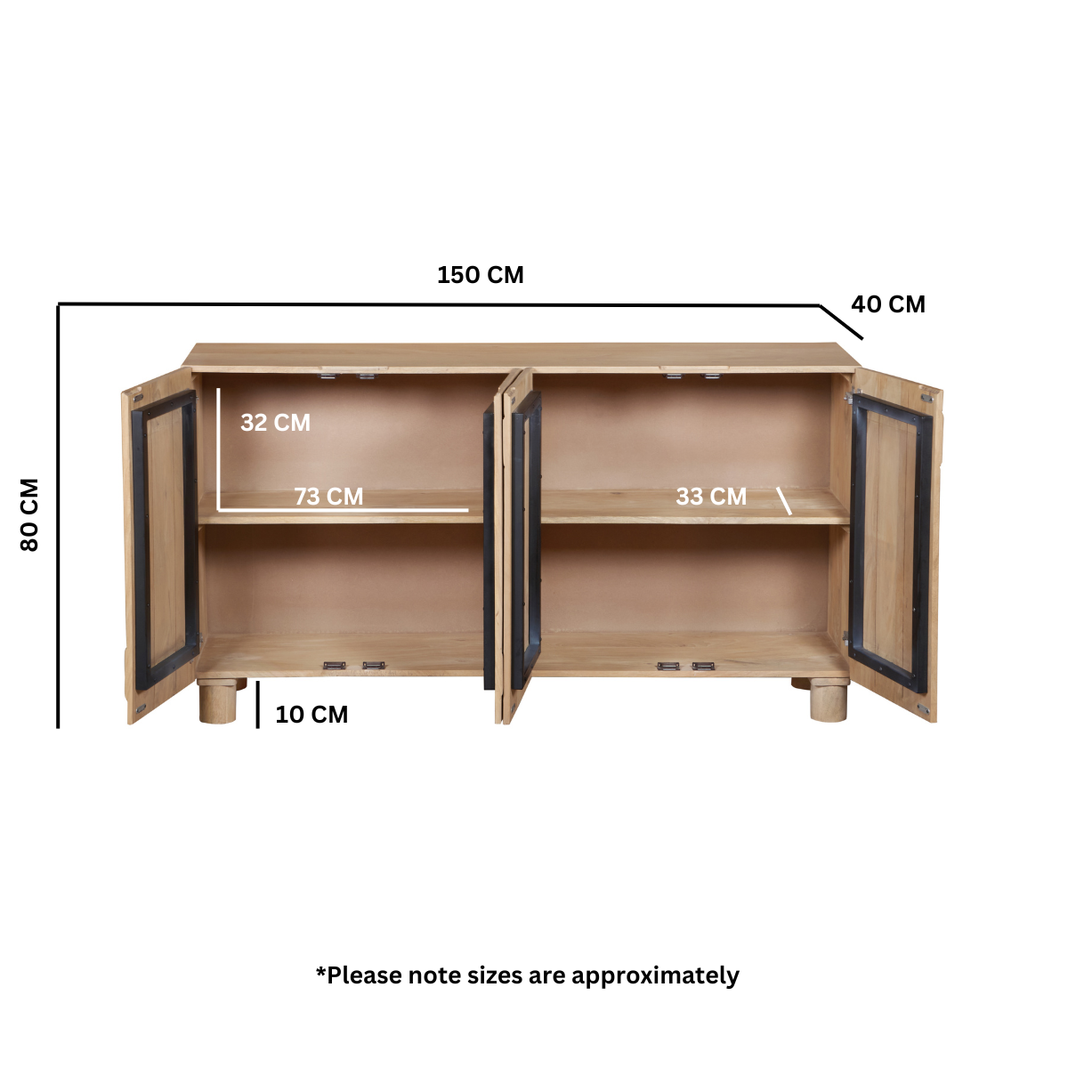 Solid Mango Wood Sideboard With 4 Doors - Austin