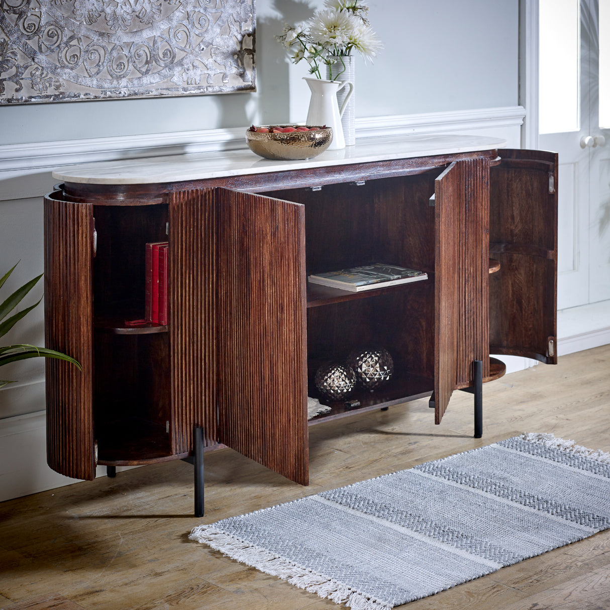Solid Mango Wood Sideboard With 4 Doors And Marble Top - Opal