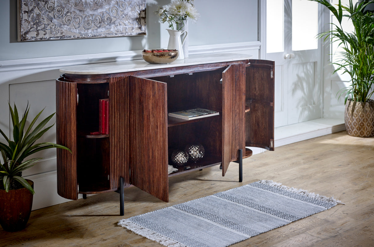 Solid Mango Wood Sideboard With 4 Doors And Marble Top - Opal