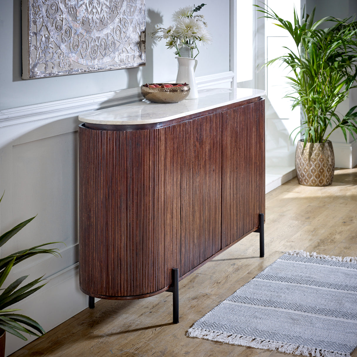 Solid Mango Wood Sideboard With 4 Doors And Marble Top - Opal