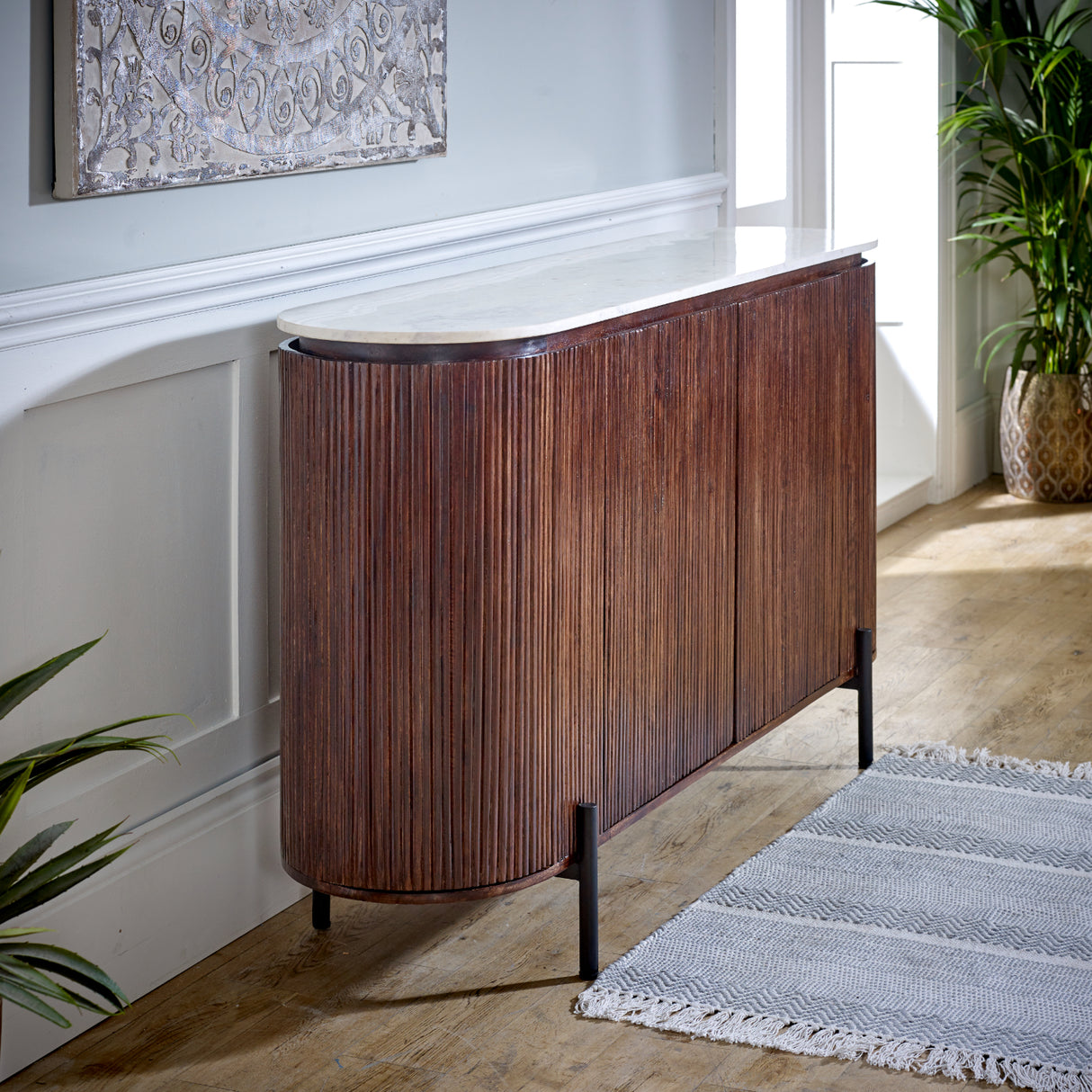 Solid Mango Wood Sideboard With 4 Doors And Marble Top - Opal