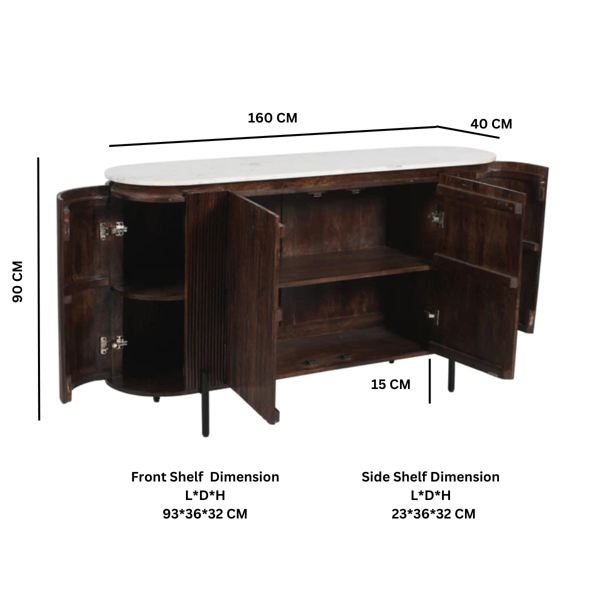 Solid Mango Wood Sideboard With 4 Doors And Marble Top - Opal