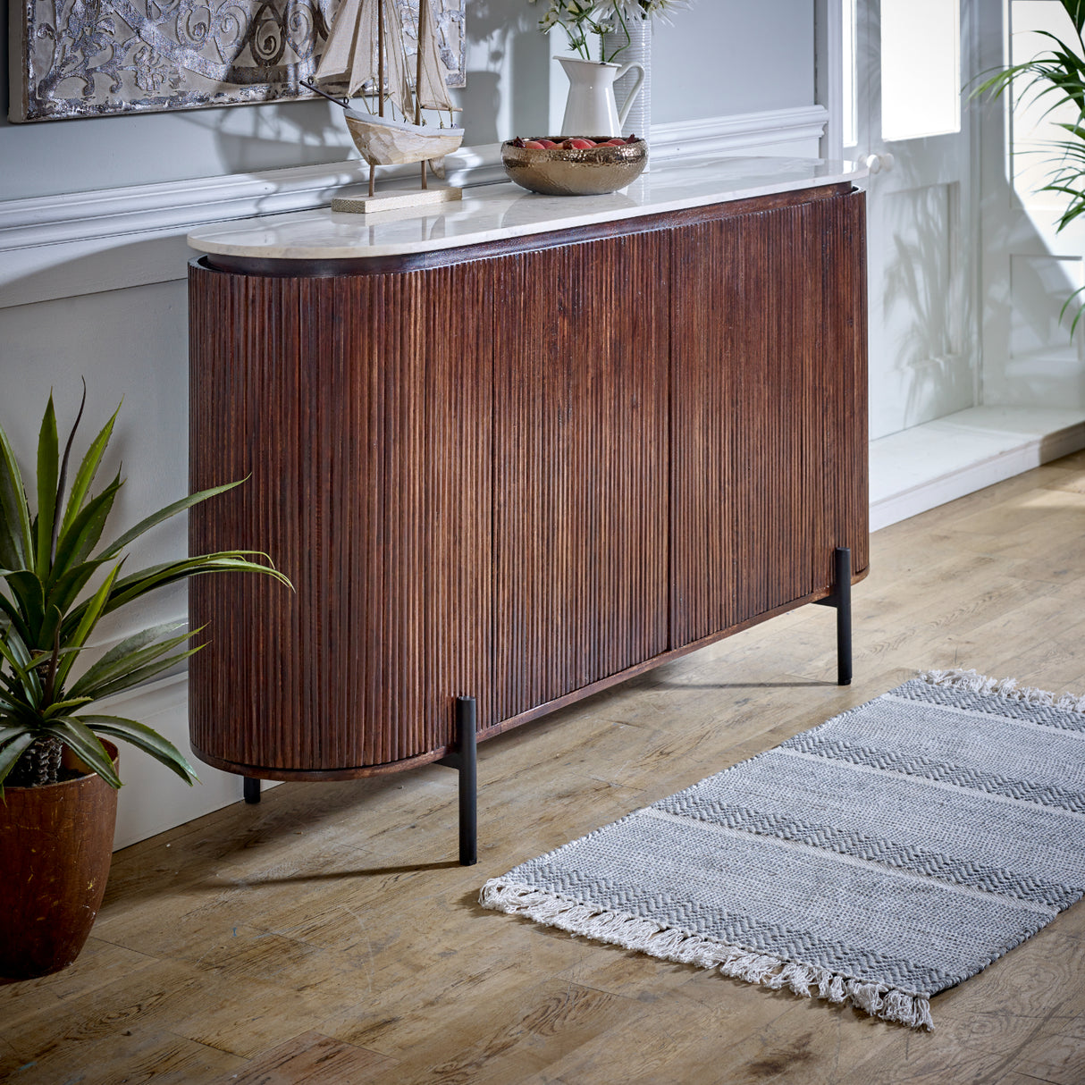 Solid Mango Wood Sideboard With 4 Doors And Marble Top - Opal