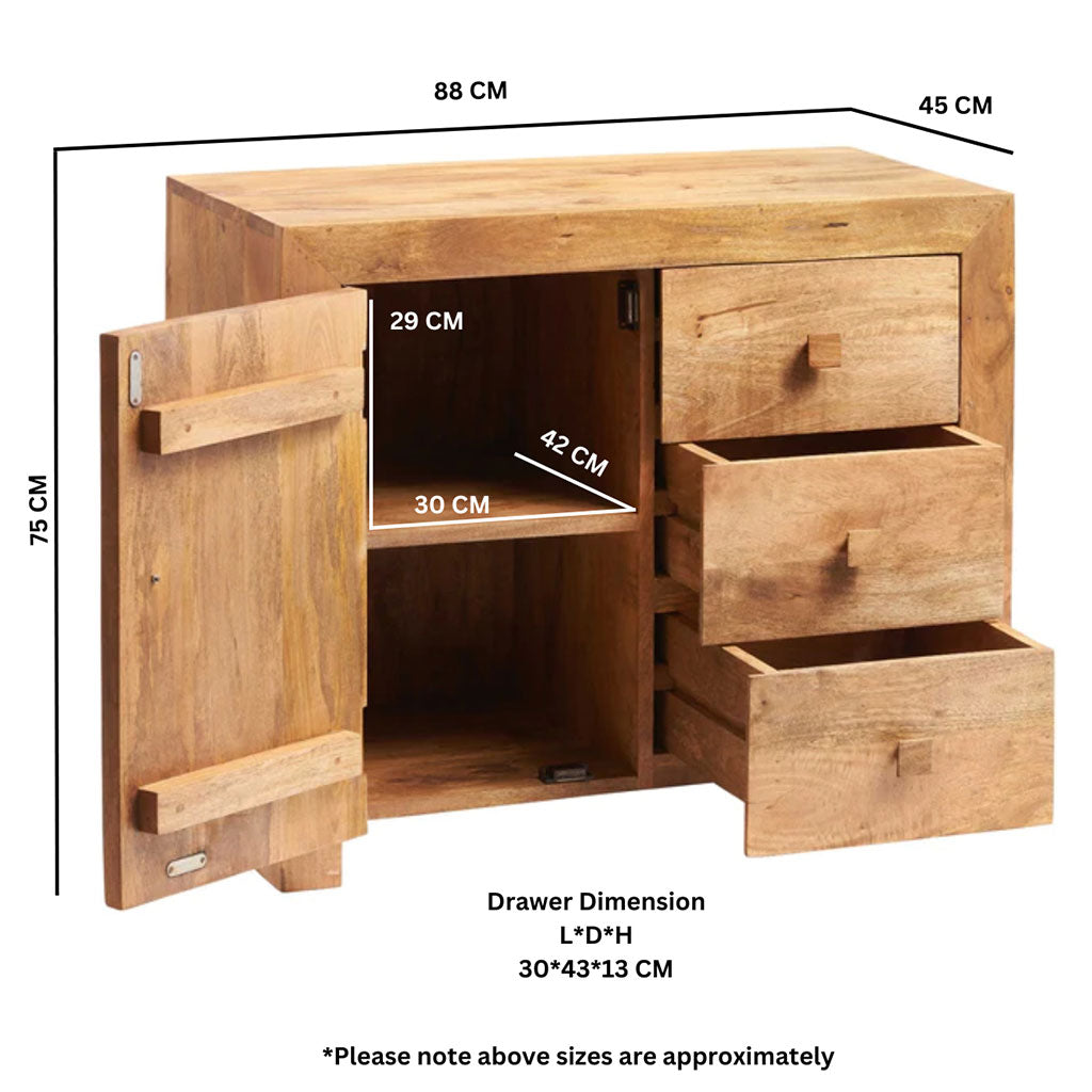 Solid Mango Wood Sideboard With 1 Door And 3 Drawers - Toko