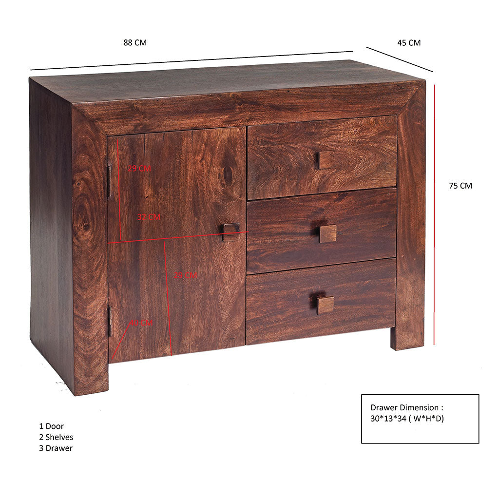 Solid Mango Wood Sideboard With 1 Door And 3 Drawers - Toko
