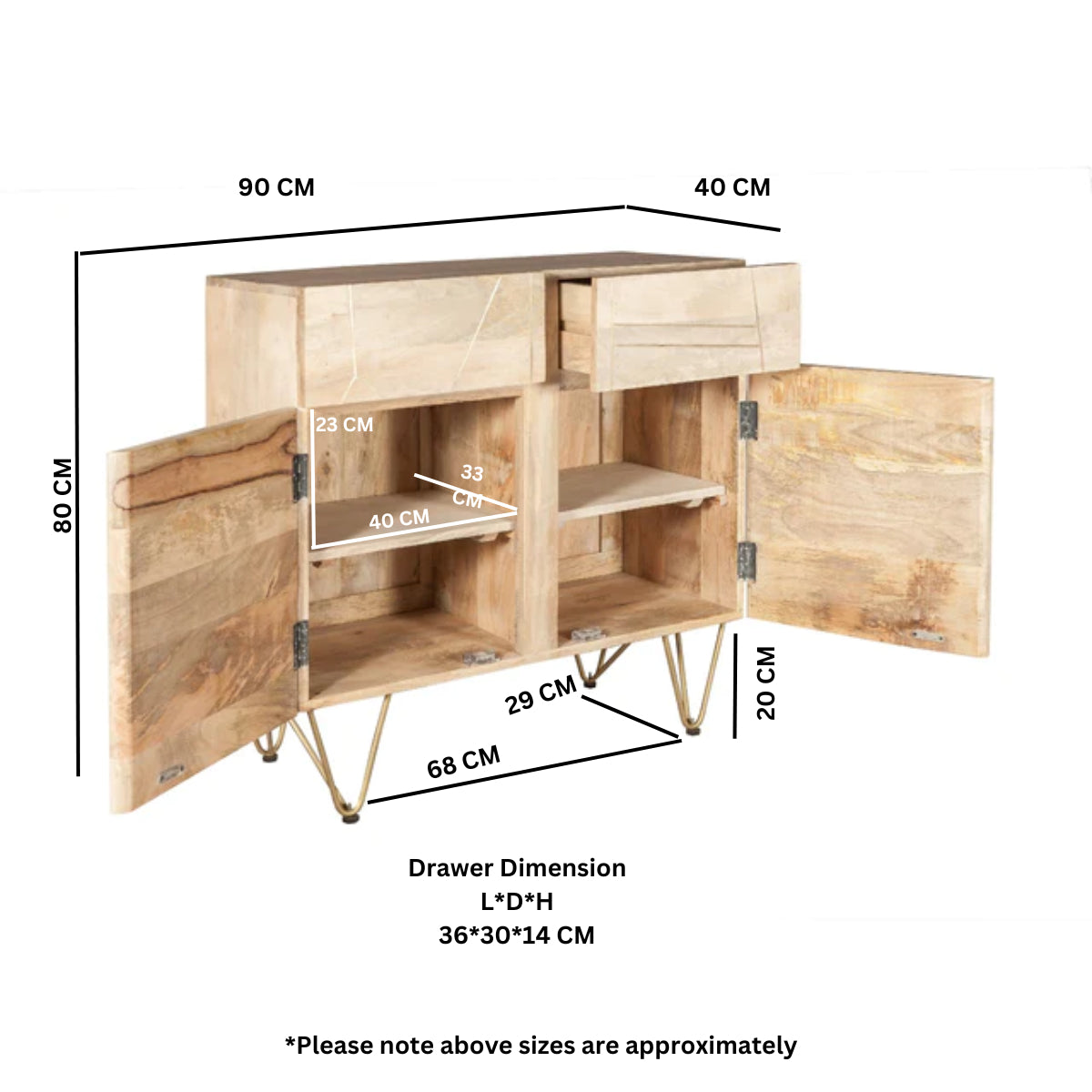 Solid Mango Wood Sideboard With 2 Doors And 2 Drawers - Light Gold