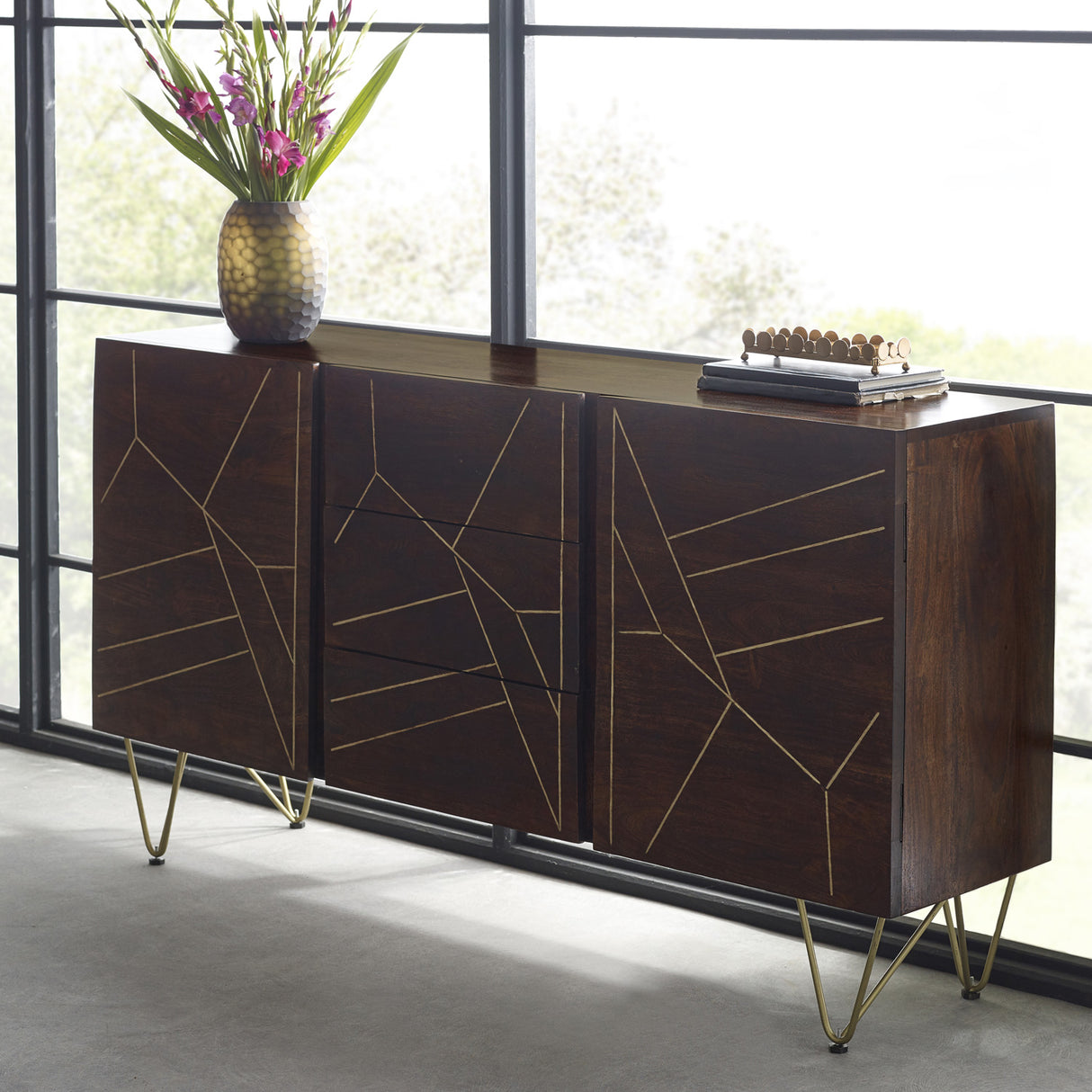 Solid Mango Wood Sideboard With 2 Doors And 3 Drawers - Dark Gold