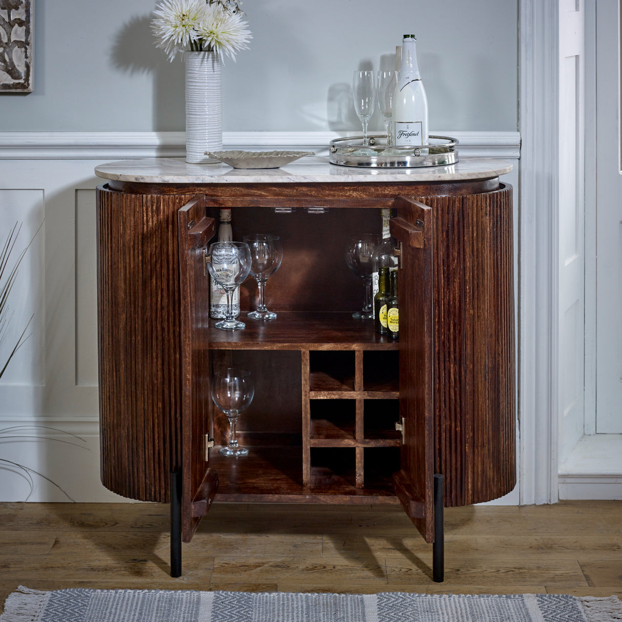 Solid Mango Wood Storage Cabinet With Marble Top - Opal