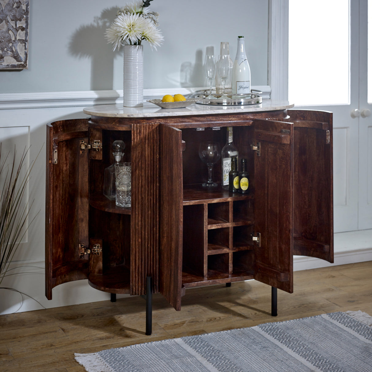 Solid Mango Wood Storage Cabinet With Marble Top - Opal