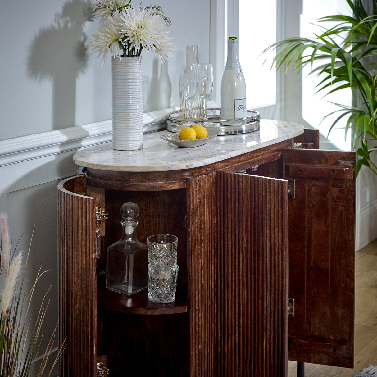 Solid Mango Wood Storage Cabinet With Marble Top - Opal