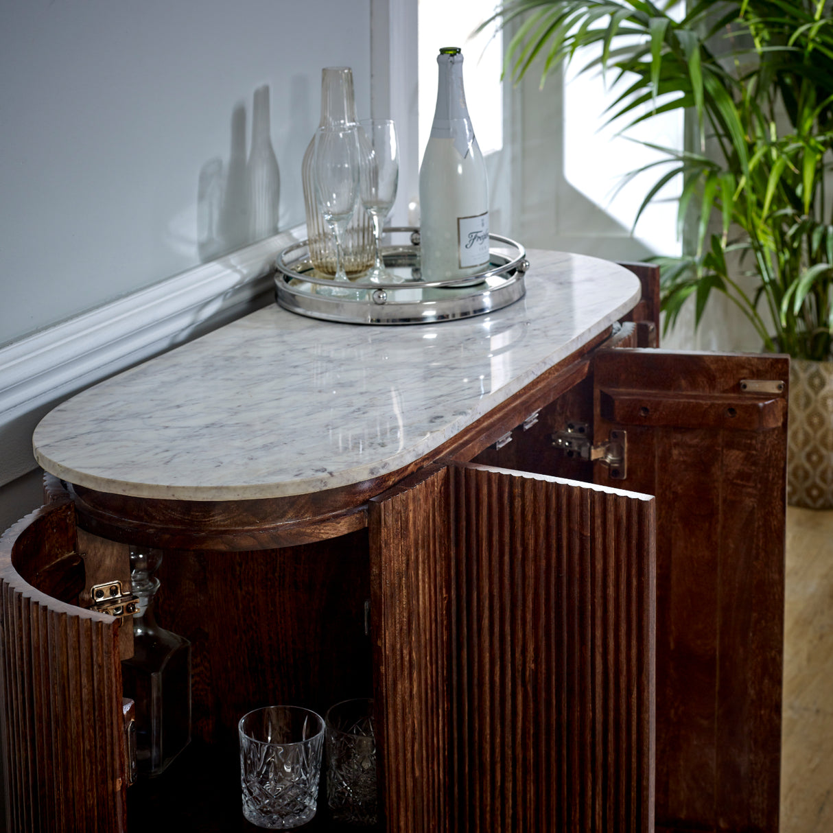 Solid Mango Wood Storage Cabinet With Marble Top - Opal