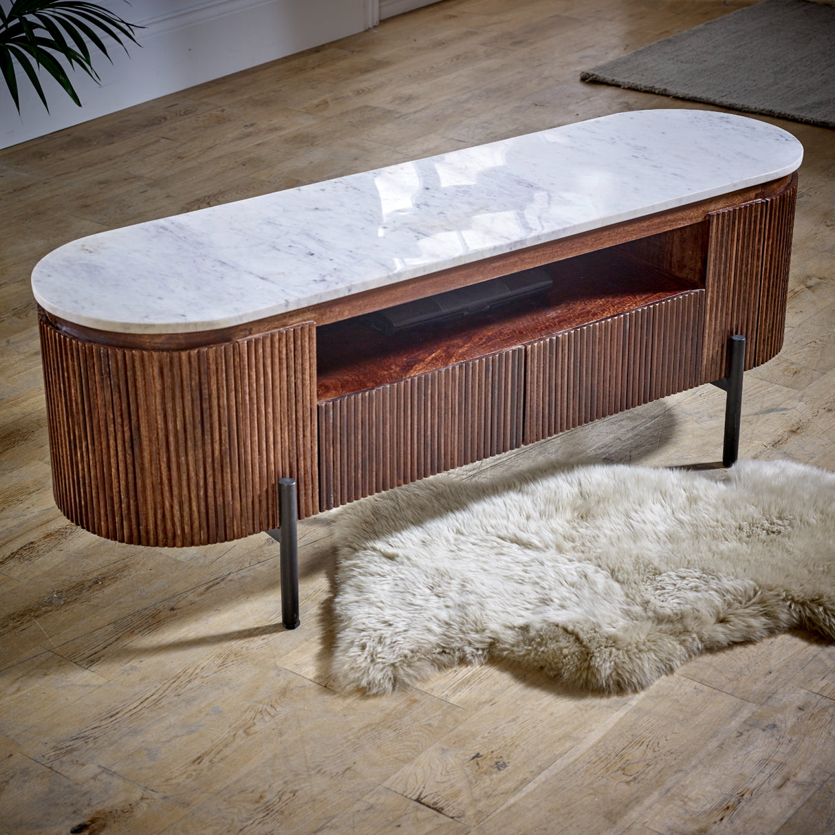 Solid Mango Wood TV Stand With 2 Drawers And Marble Top - Opal