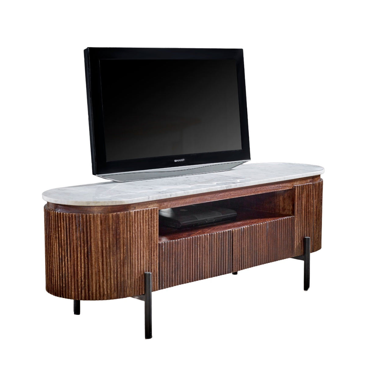 Solid Mango Wood TV Stand With 2 Drawers And Marble Top - Opal