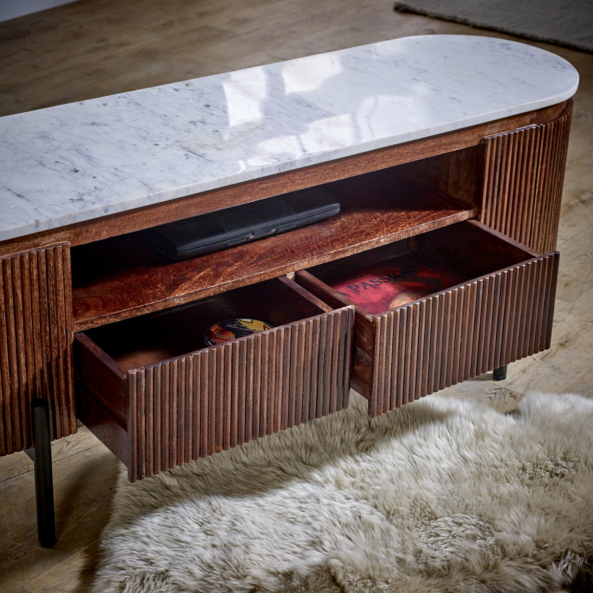 Solid Mango Wood TV Stand With 2 Drawers And Marble Top - Opal