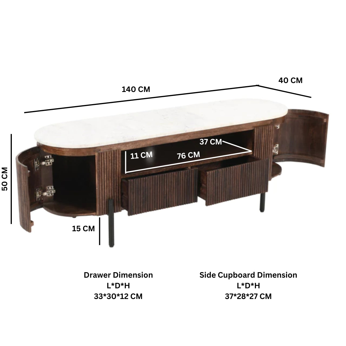 Solid Mango Wood TV Stand With 2 Drawers And Marble Top - Opal