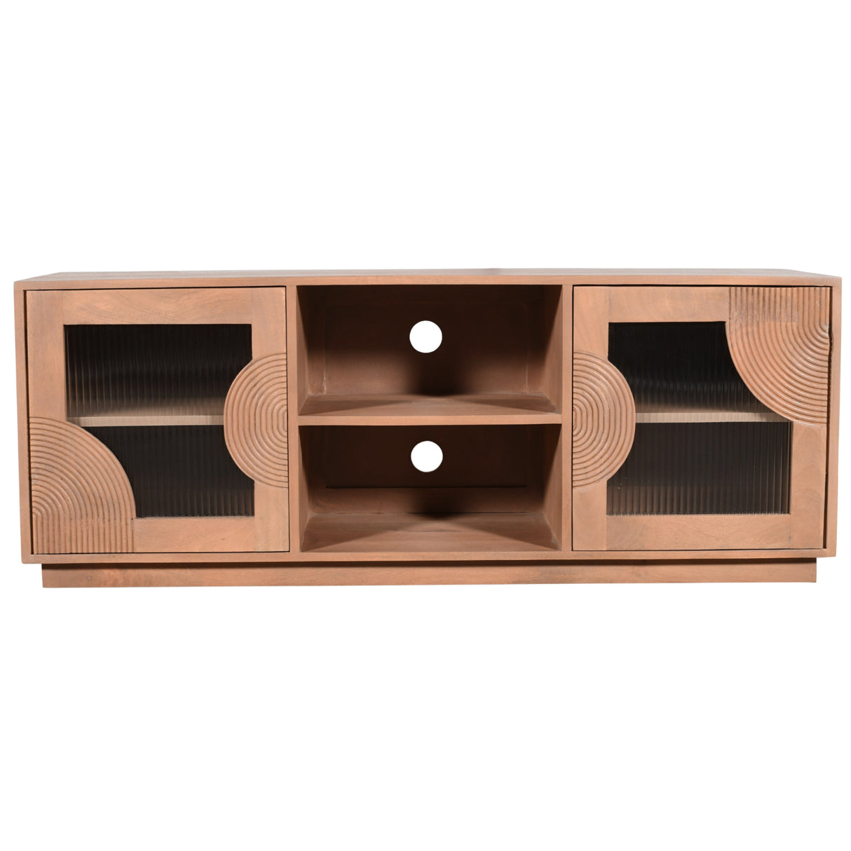Solid Mango Wood TV Stand With 2 Fluted Glass Doors - Indus
