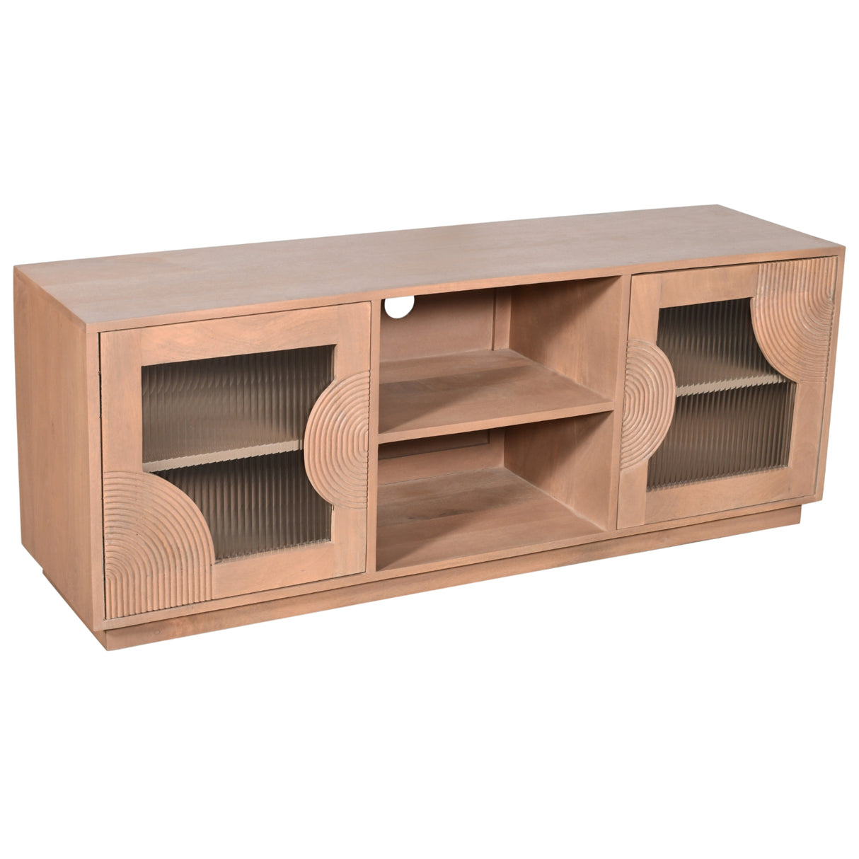 Solid Mango Wood TV Stand With 2 Fluted Glass Doors - Indus