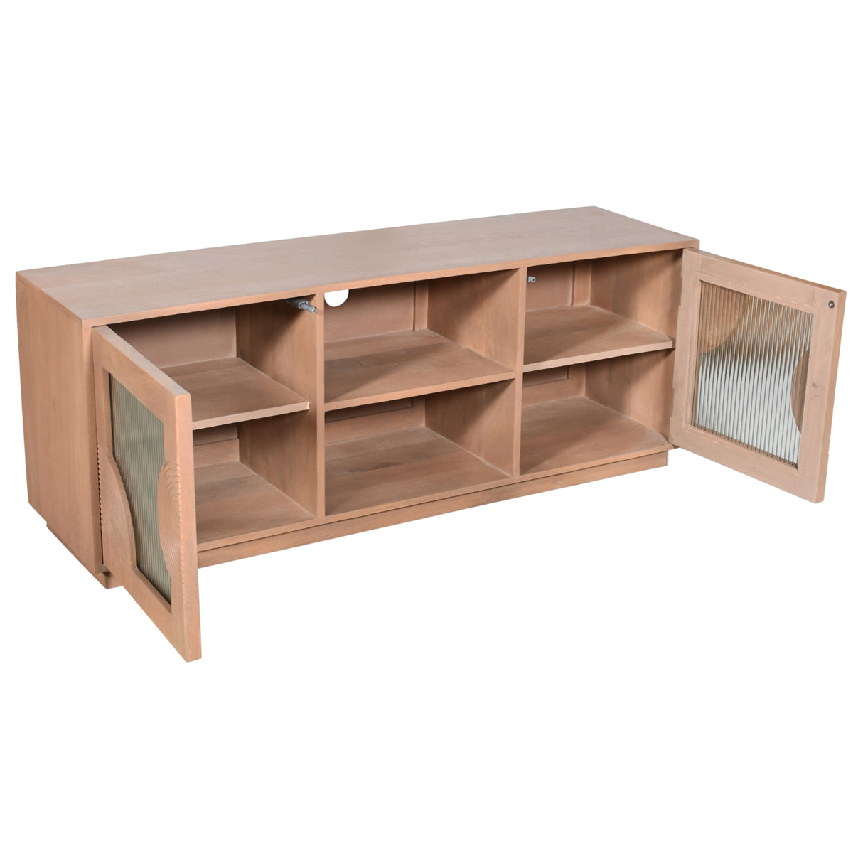 Solid Mango Wood TV Stand With 2 Fluted Glass Doors - Indus