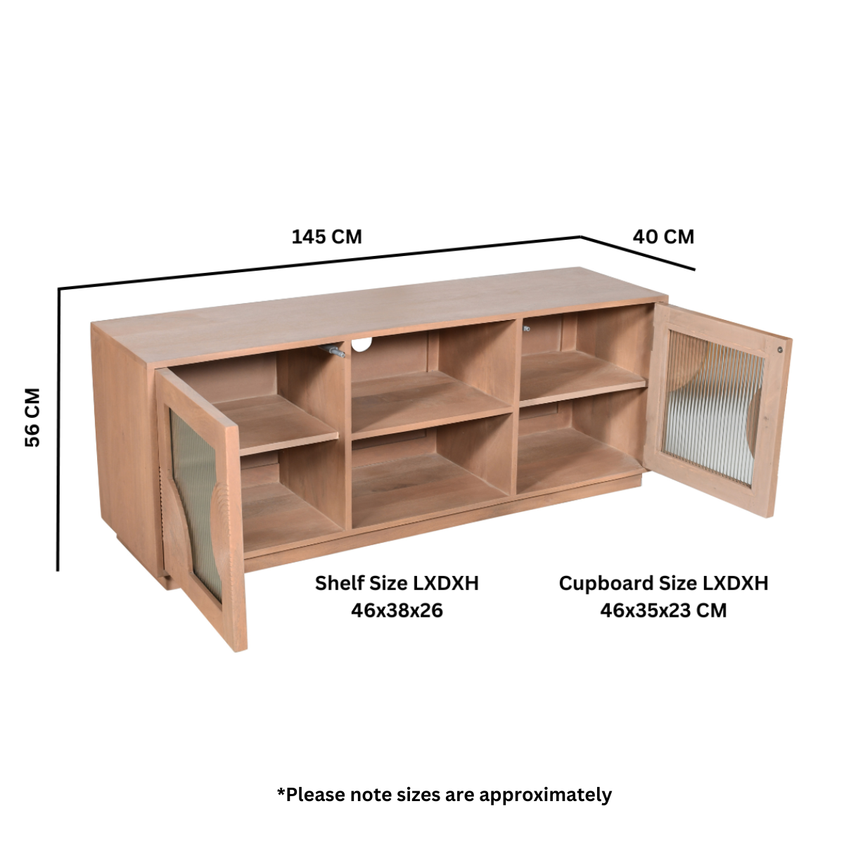 Solid Mango Wood TV Stand With 2 Fluted Glass Doors - Indus