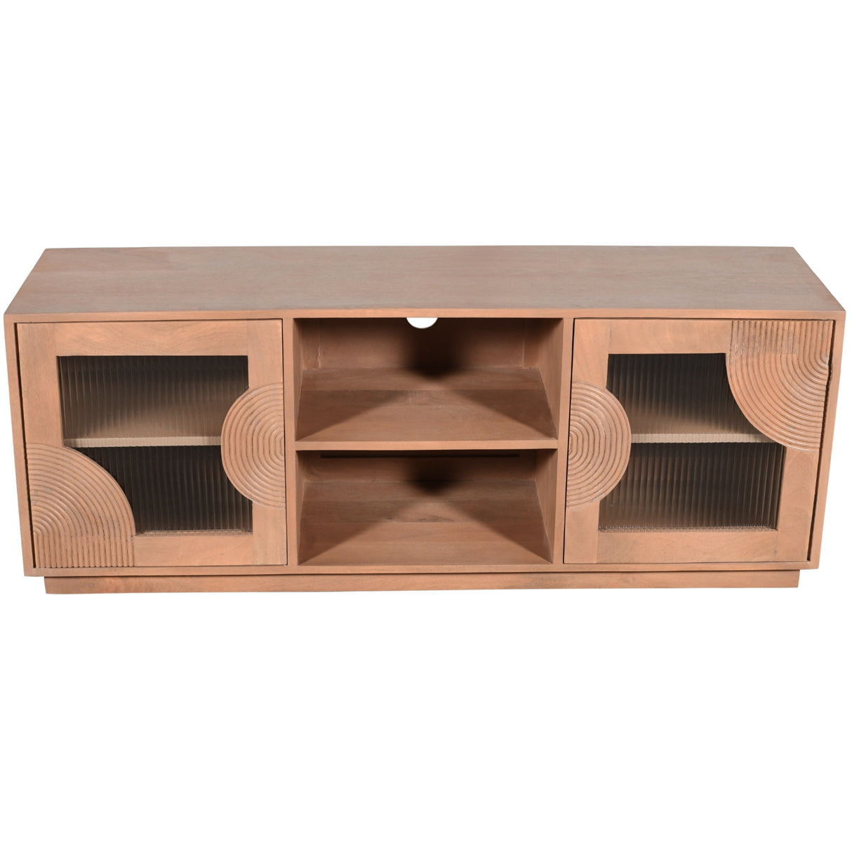 Solid Mango Wood TV Stand With 2 Fluted Glass Doors - Indus