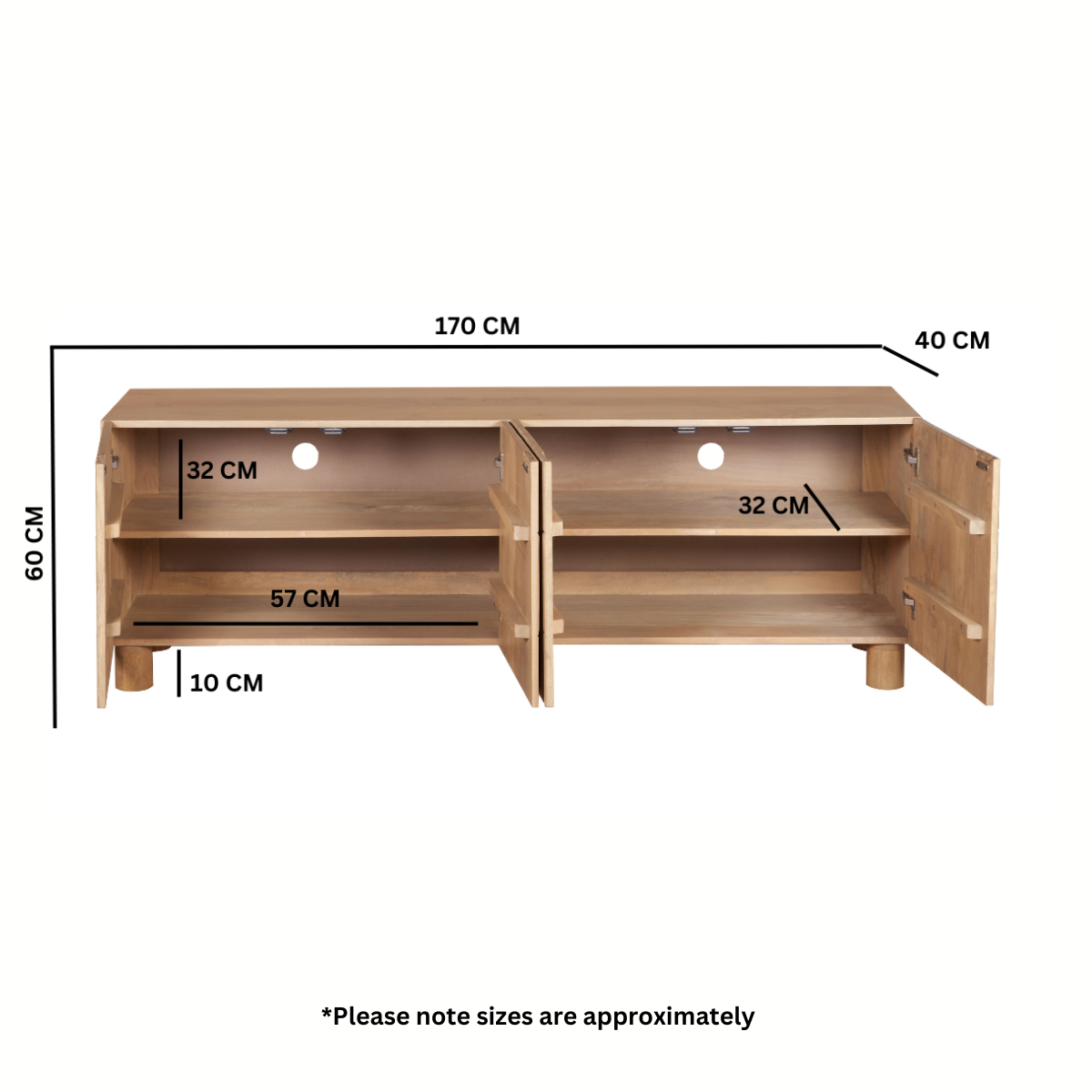 Solid Mango Wood TV Stand With 4 Doors - Austin