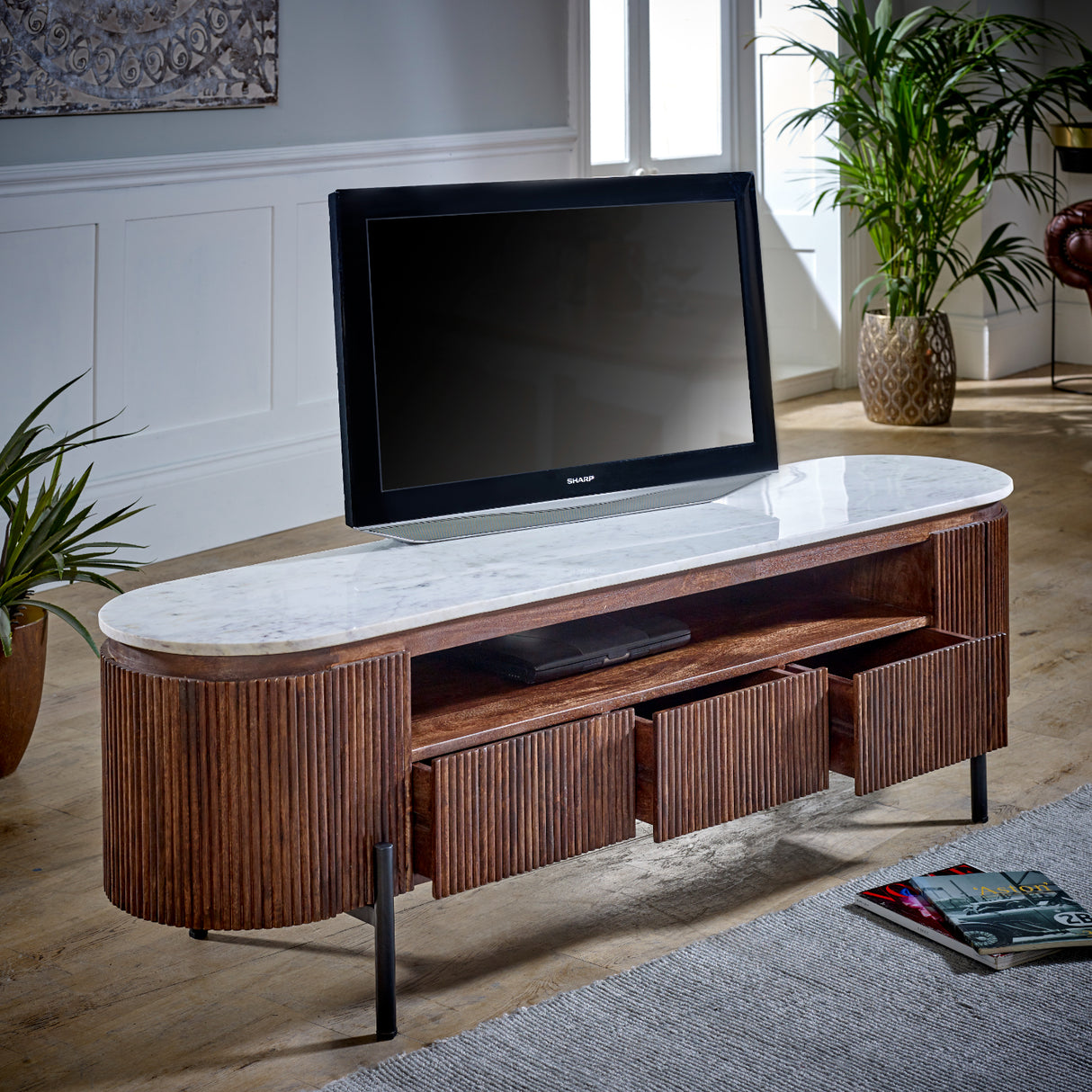 Solid Mango Wood TV Stand With Marble Top - Opal