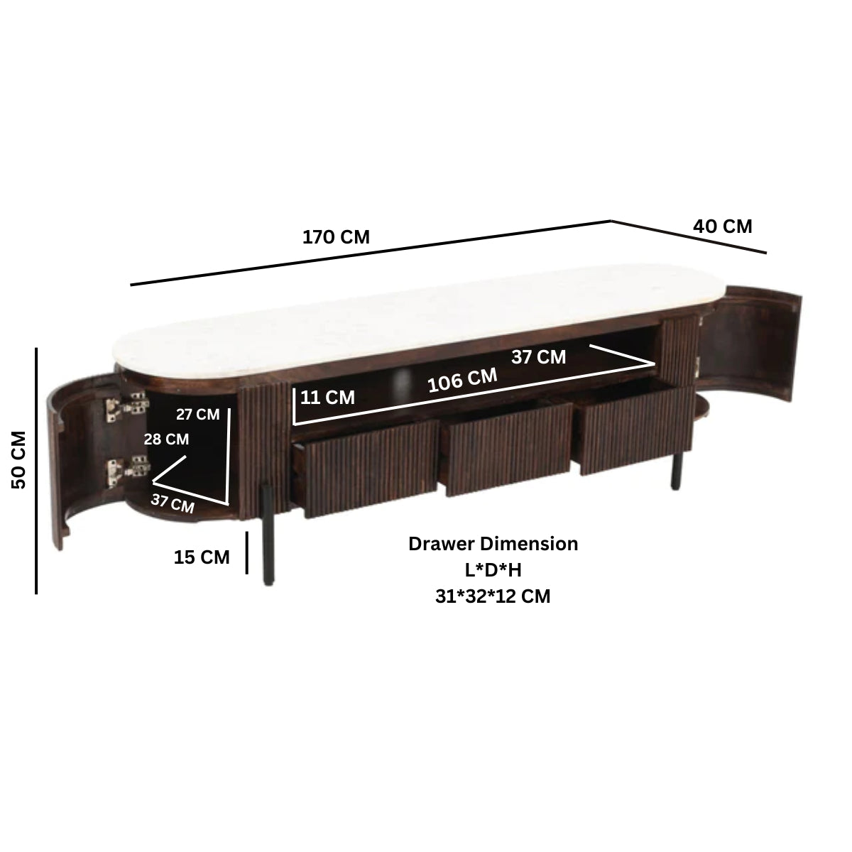 Solid Mango Wood TV Stand With Marble Top - Opal