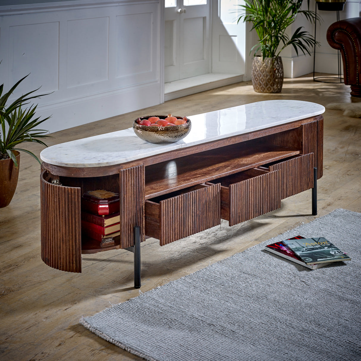 Solid Mango Wood TV Stand With Marble Top - Opal