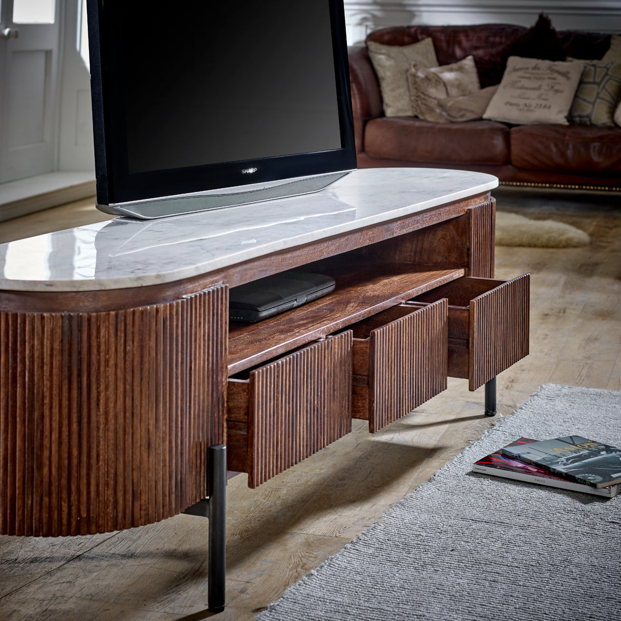 Solid Mango Wood TV Stand With Marble Top - Opal