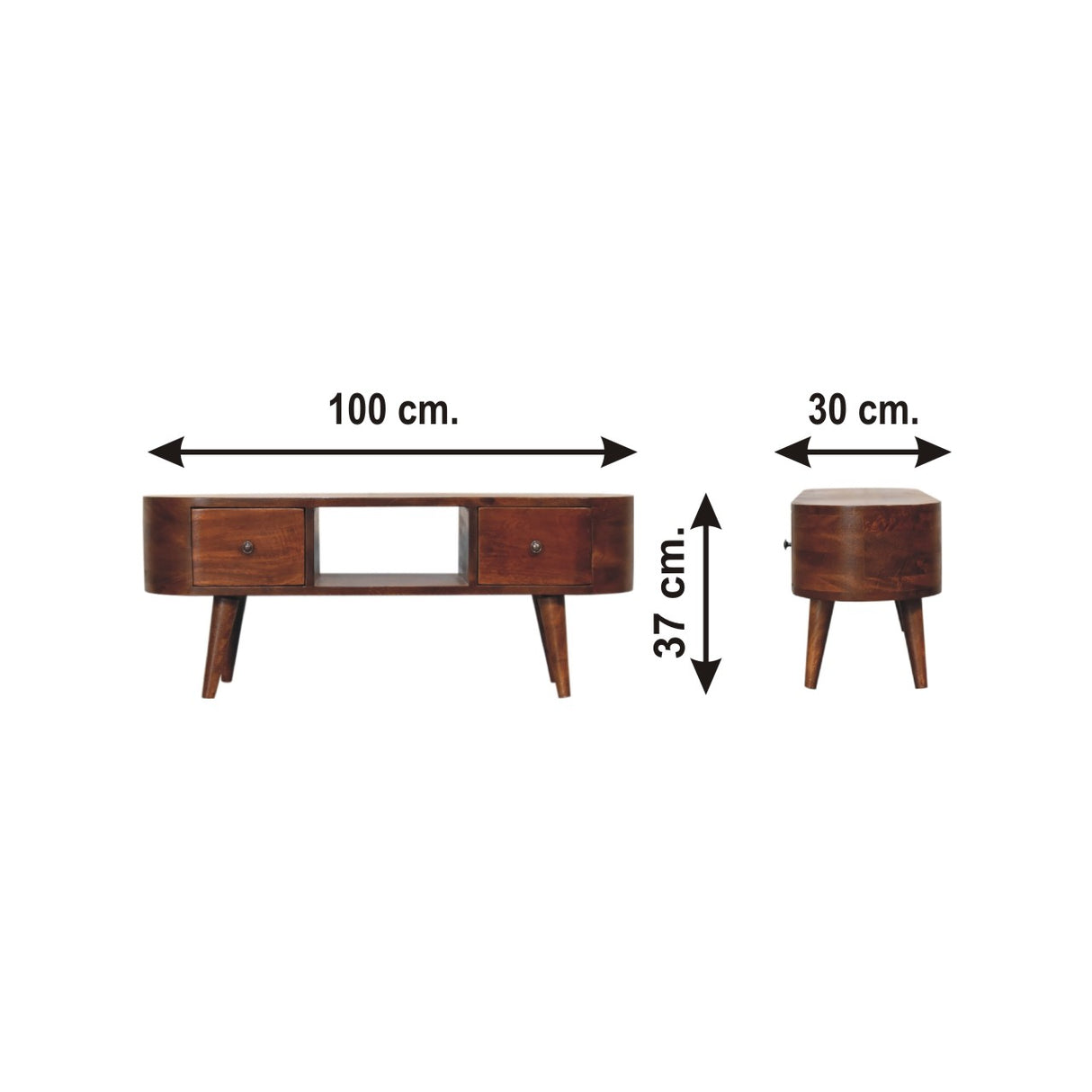 Solid Mango Wood TV Stand Round And Open With 2 Drawers - Birmingham