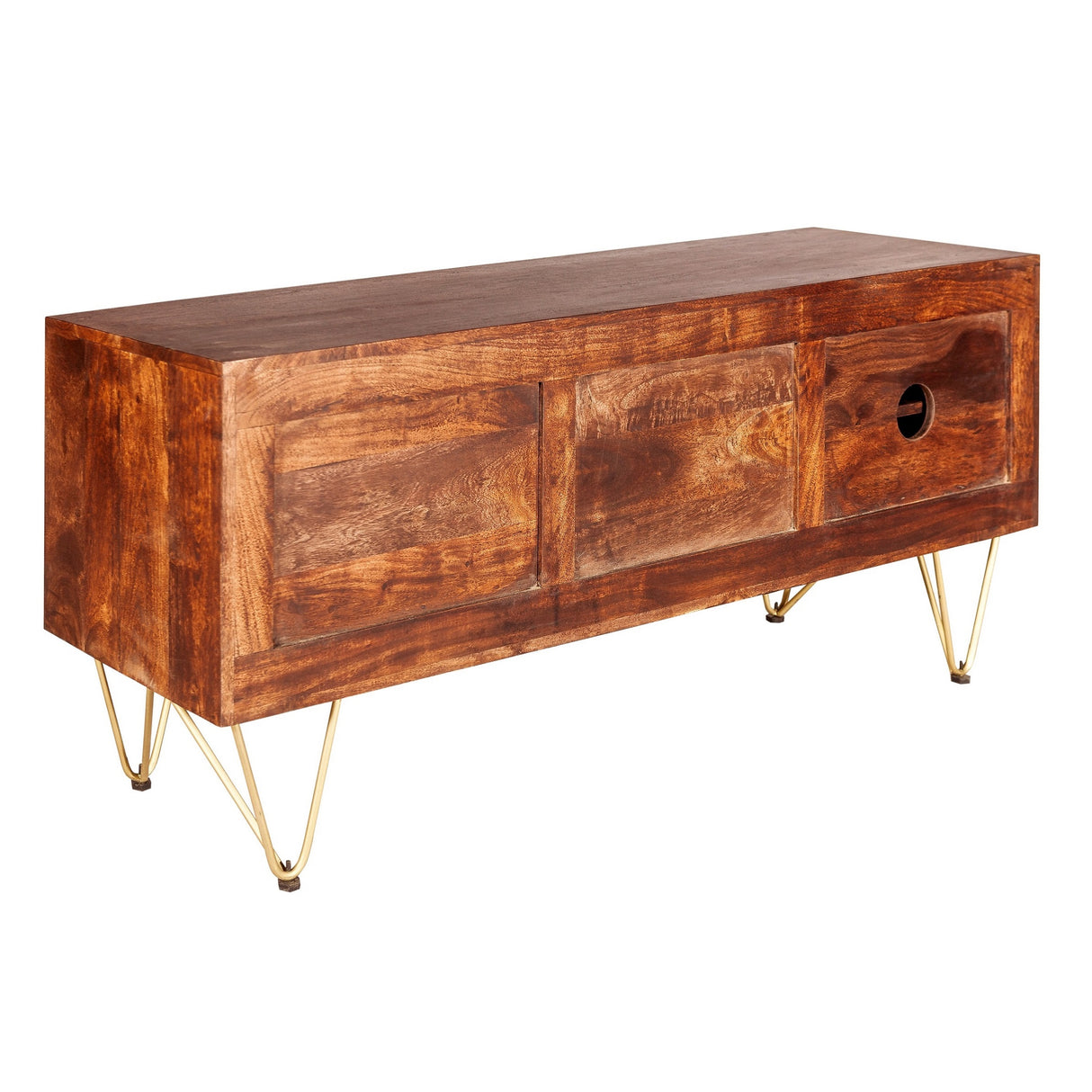 Solid Mango Wood TV Stand With 2 Doors And 2 Shelves - Dark Gold