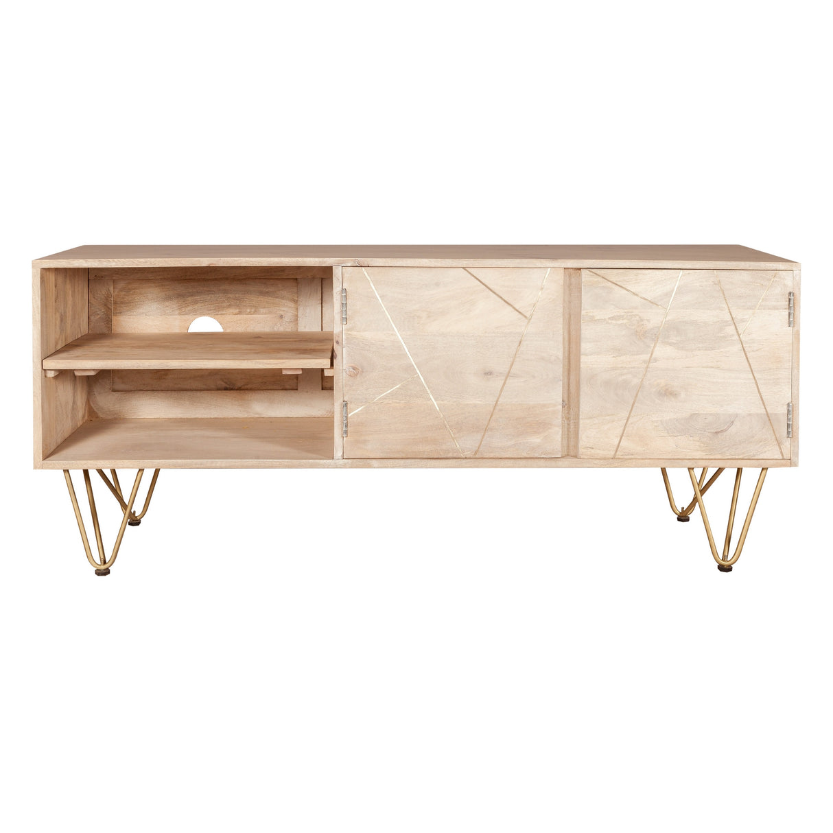 Solid Mango Wood TV Stand With 2 Doors And 2 Shelves - Light Gold