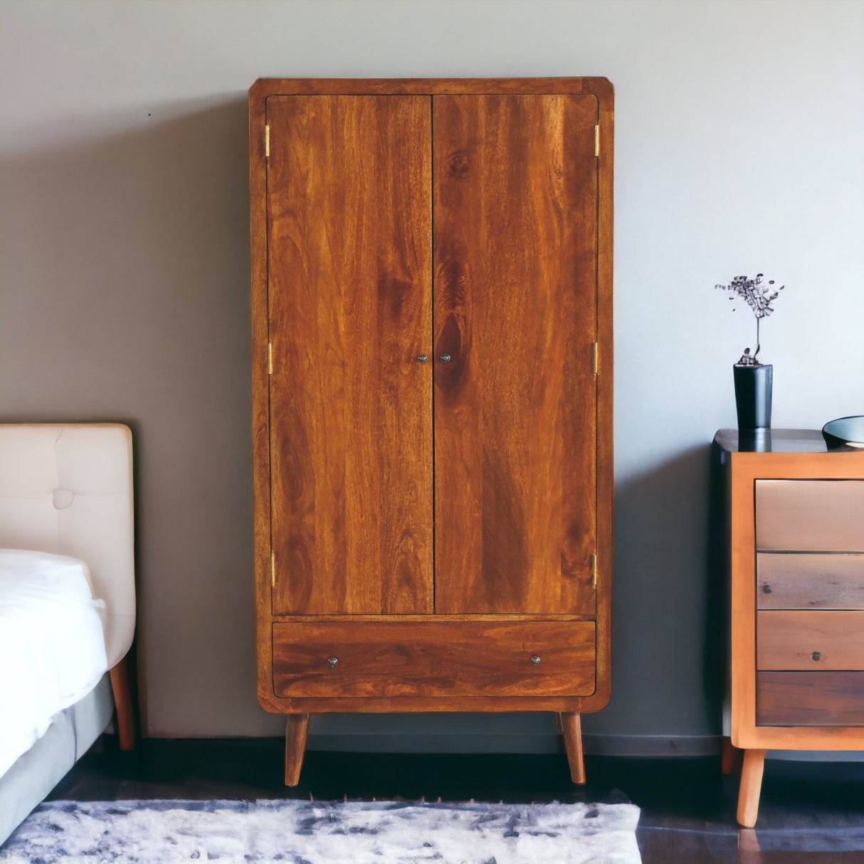 Solid Mango Wood Wardrobe Curved With 2 Doors And 1 Drawer - Gloucester