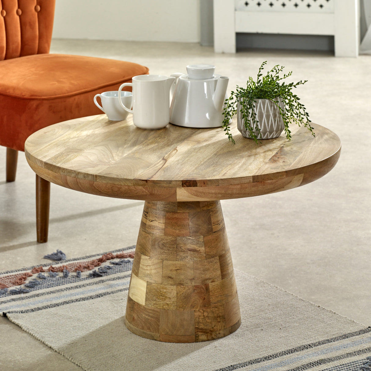 Solid Reclaimed Wood Coffee Table Round in Mushroom Style - Surrey