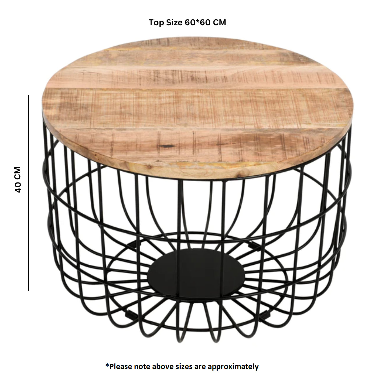 Solid Reclaimed Wood Coffee Table Round With Metal Wire Cage - Surrey