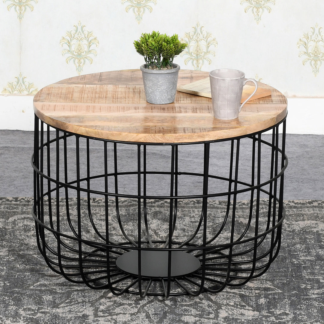 Solid Reclaimed Wood Coffee Table Round With Metal Wire Cage - Surrey