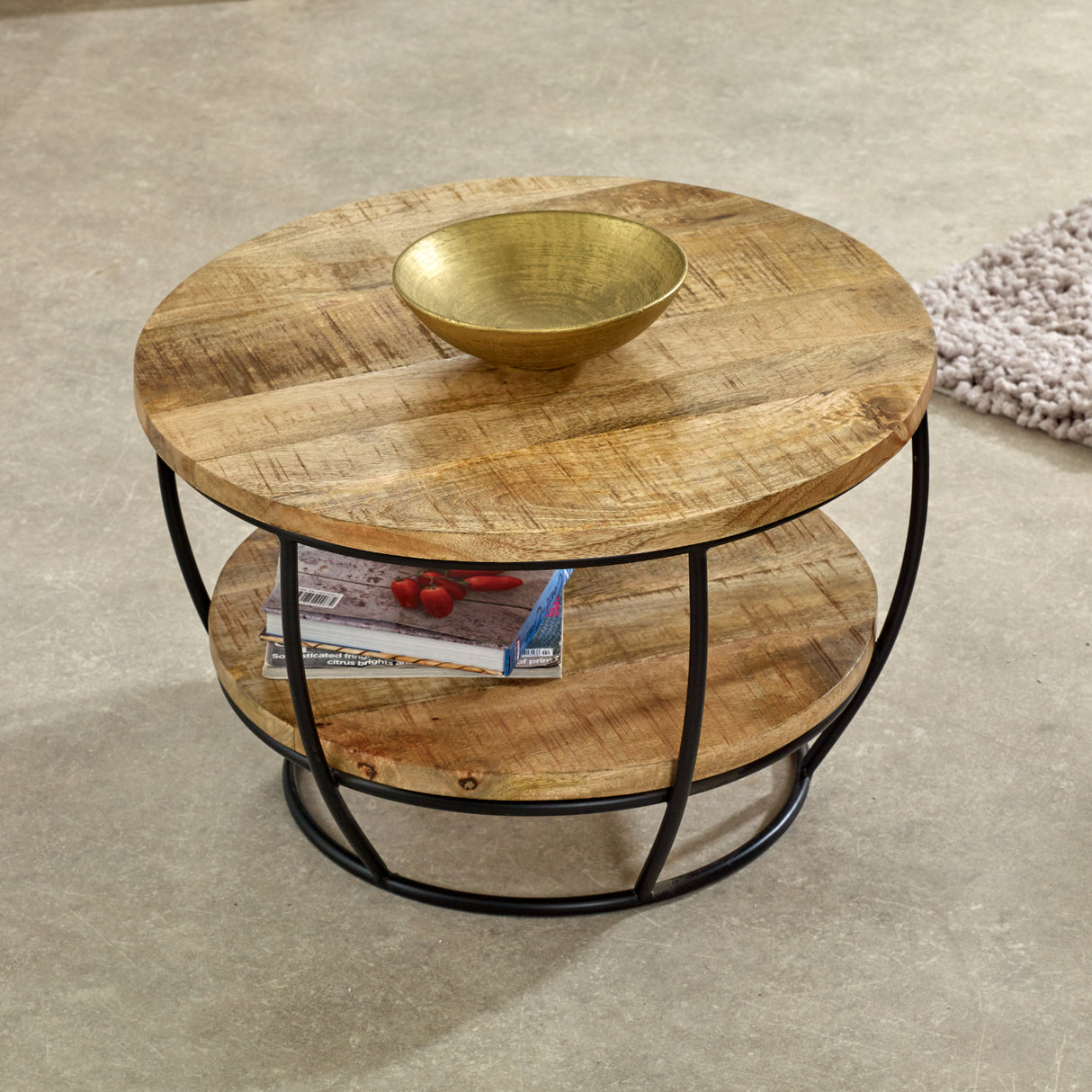 Solid Reclaimed Wood Coffee Table Round With Shelf - Surrey