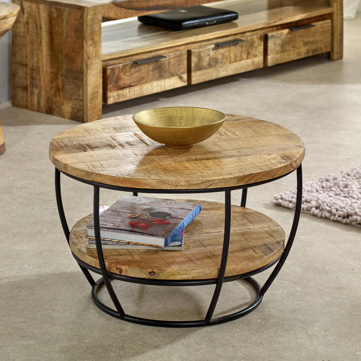 Solid Reclaimed Wood Coffee Table Round With Shelf - Surrey