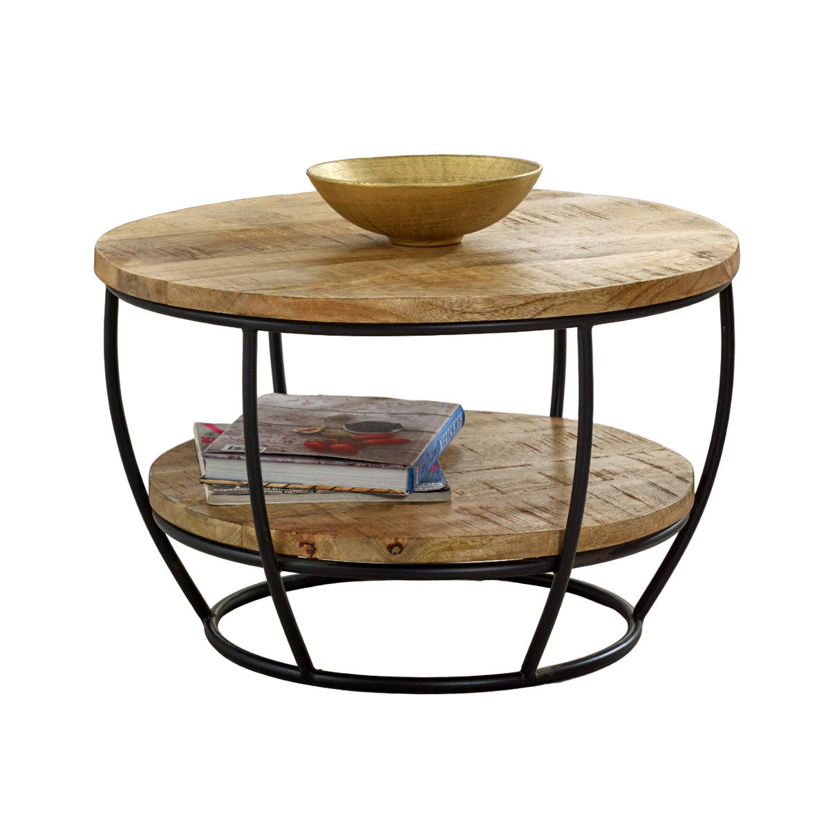 Solid Reclaimed Wood Coffee Table Round With Shelf - Surrey