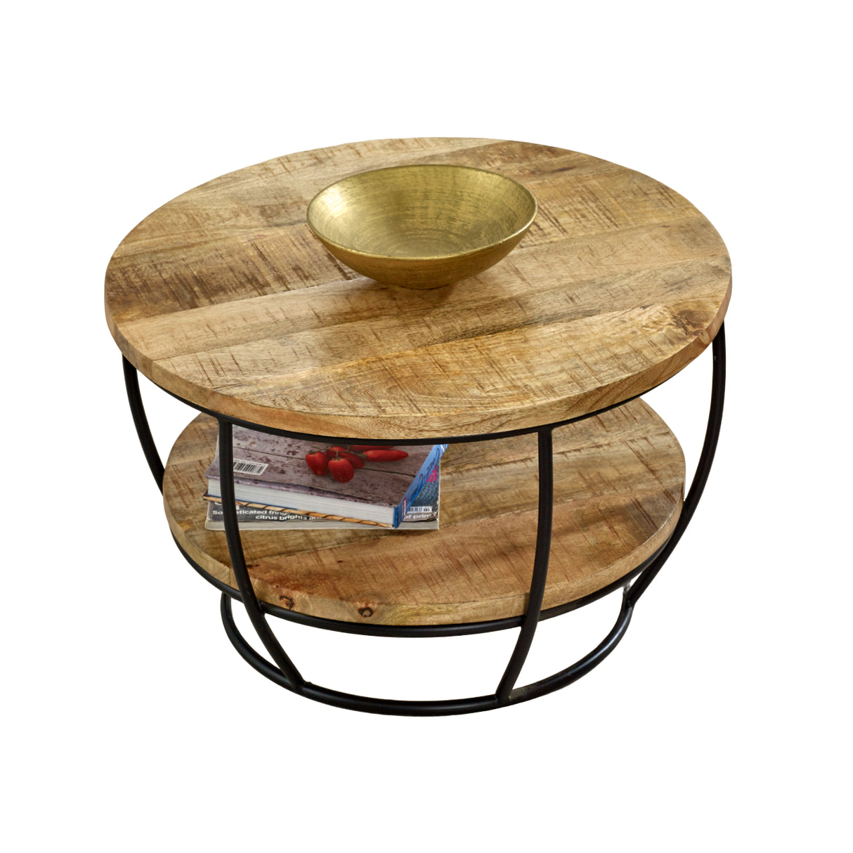 Solid Reclaimed Wood Coffee Table Round With Shelf - Surrey