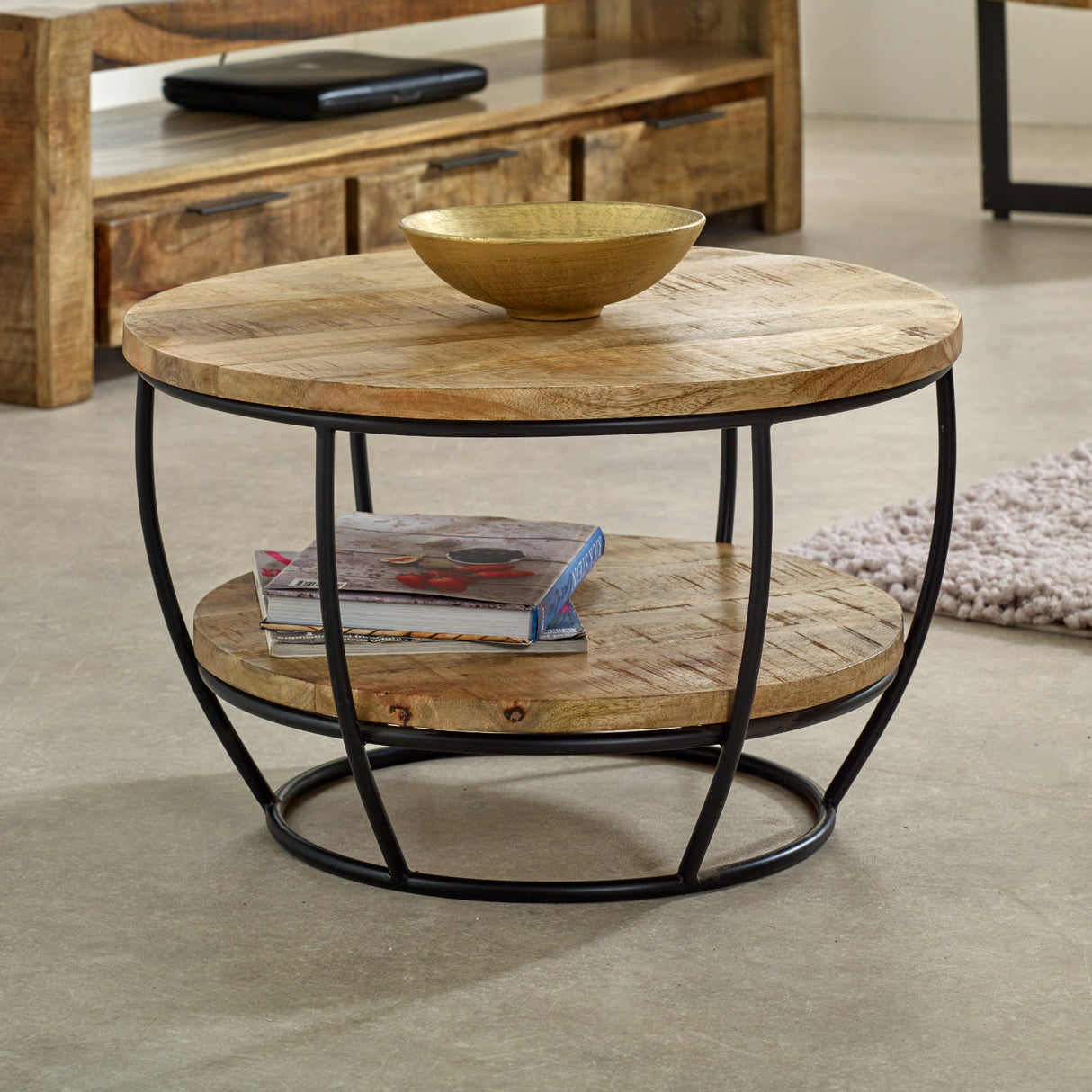 Solid Reclaimed Wood Coffee Table Round With Shelf - Surrey