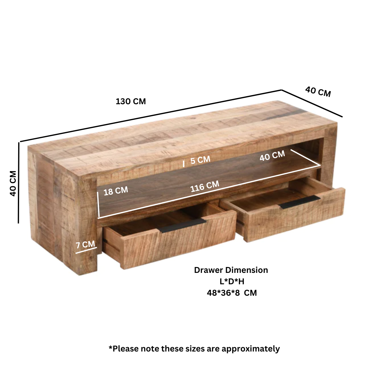 Solid Reclaimed Wood TV Stand With 2 Drawers - Surrey