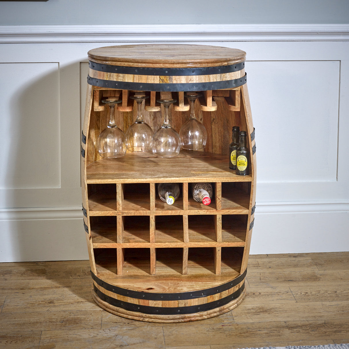 Solid Reclimed Wood Barrel Wine Storage Cabinet - Surrey