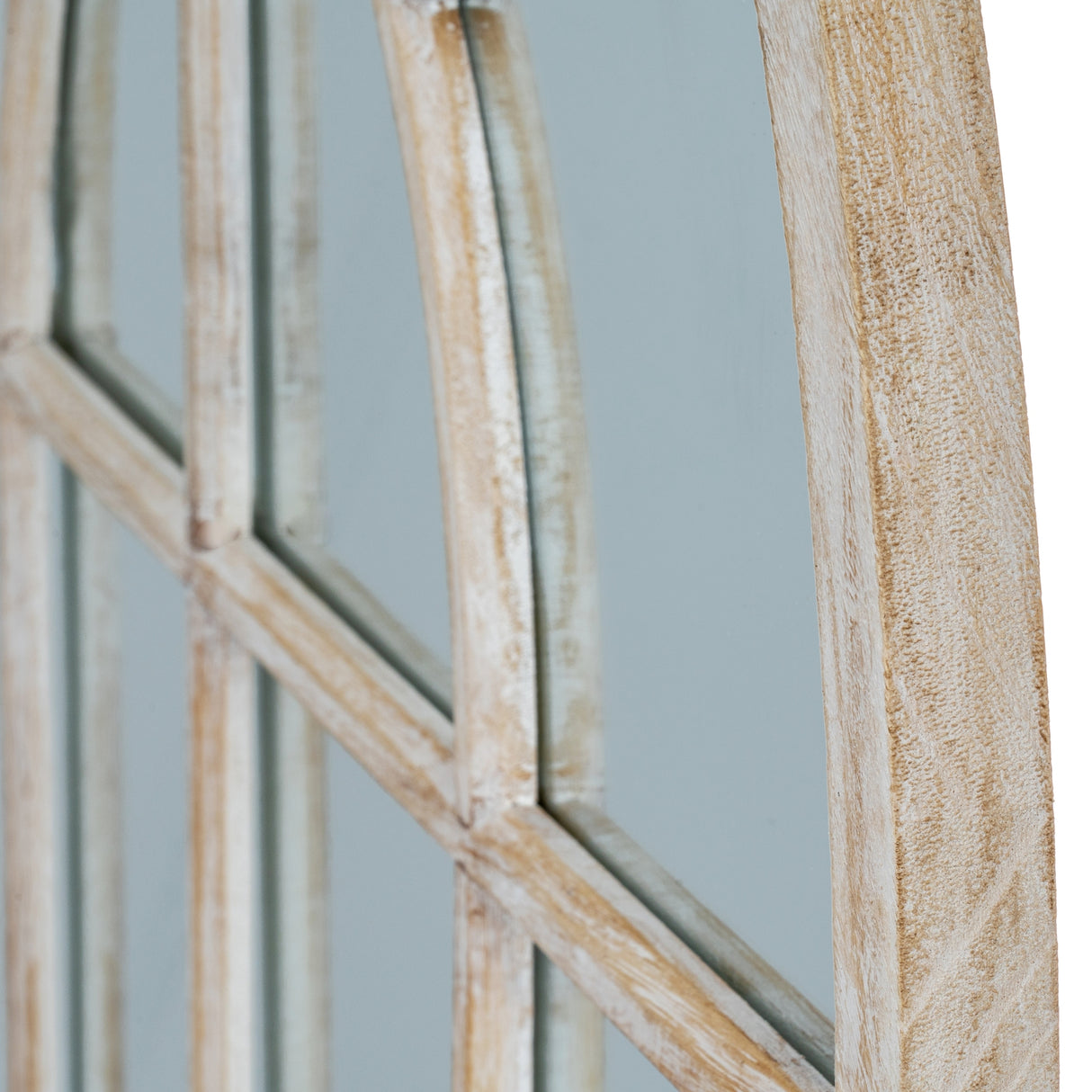 Wall Mirror Arched Window Design In Washed Wooden Frame - Glasgow