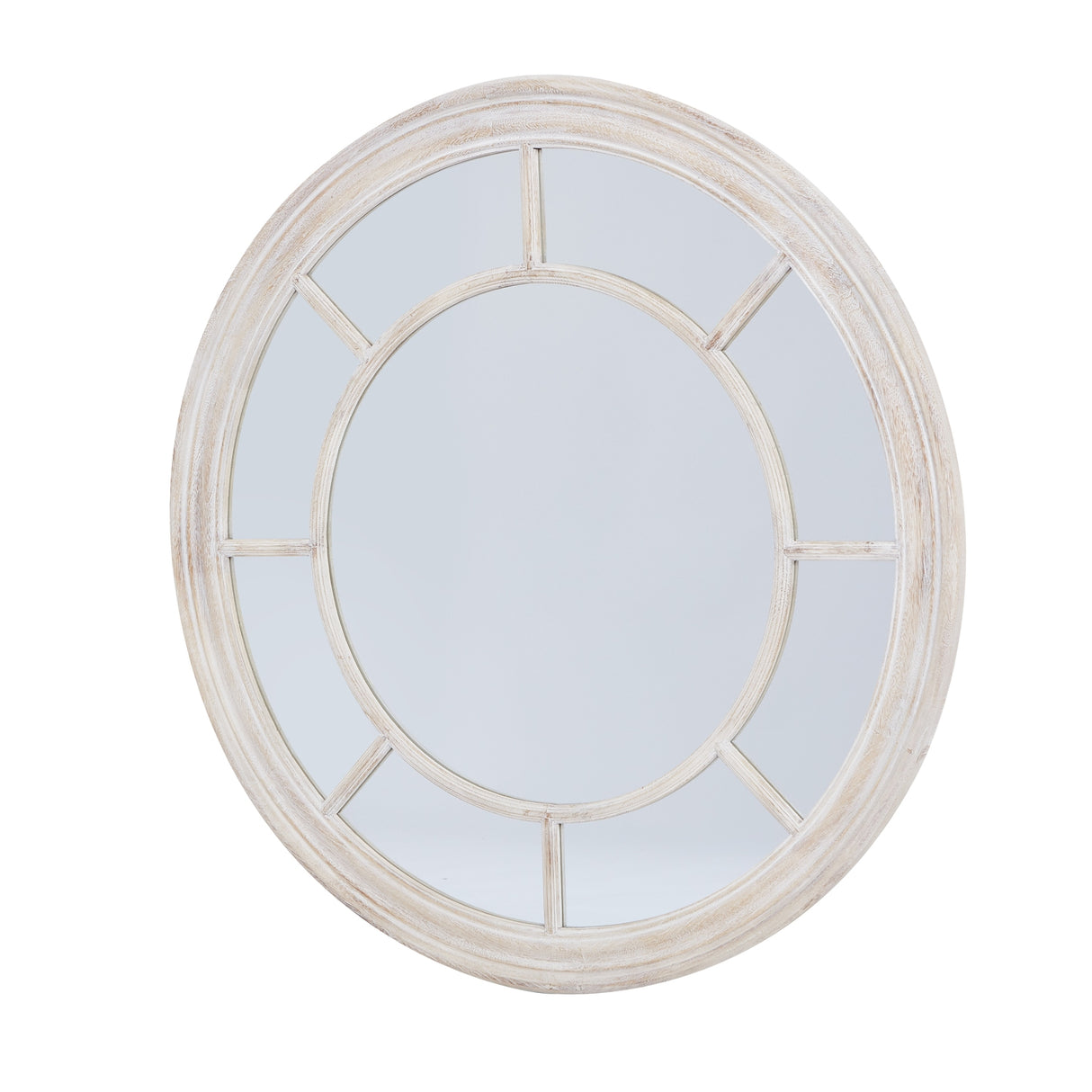 Wall Mirror Window Design Round In Washed Wooden Frame - Bradford