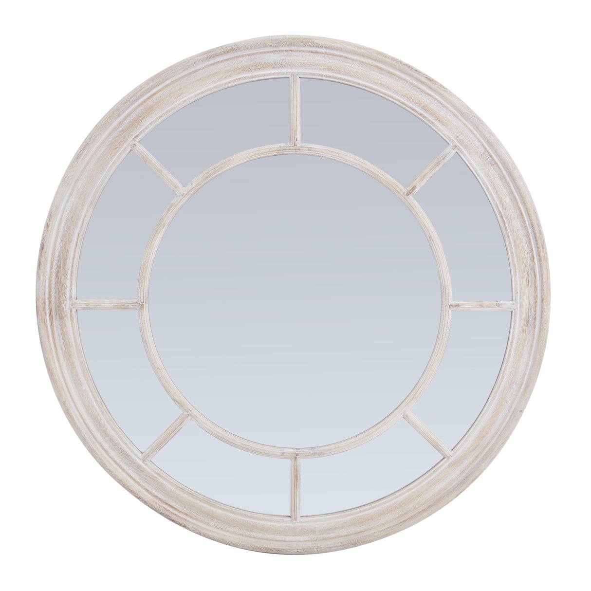 Wall Mirror Window Design Round In Washed Wooden Frame - Bradford