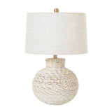 White Linen Shade Table Lamp With Bulbous Wooden Base - Wicker