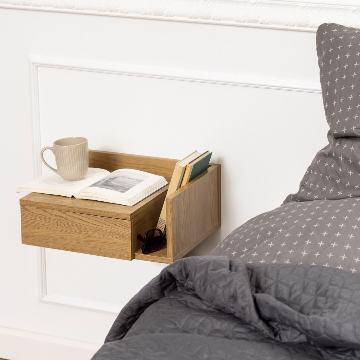 Wooden Bedside Cabinet Square Wall Hung With 1 Drawer - Ashlan