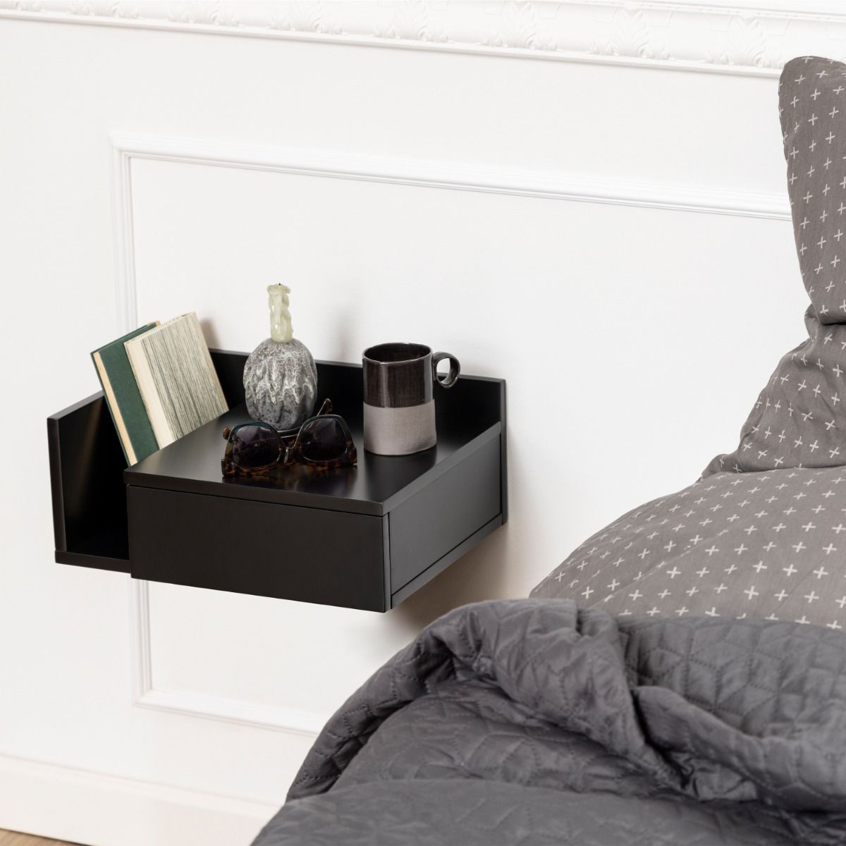 Wooden Bedside Cabinet Square Wall Hung With 1 Drawer - Ashlan